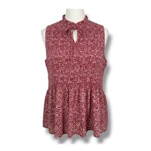 Pleione Red Floral Smocked Peplum Sleeveless Top – Size XL